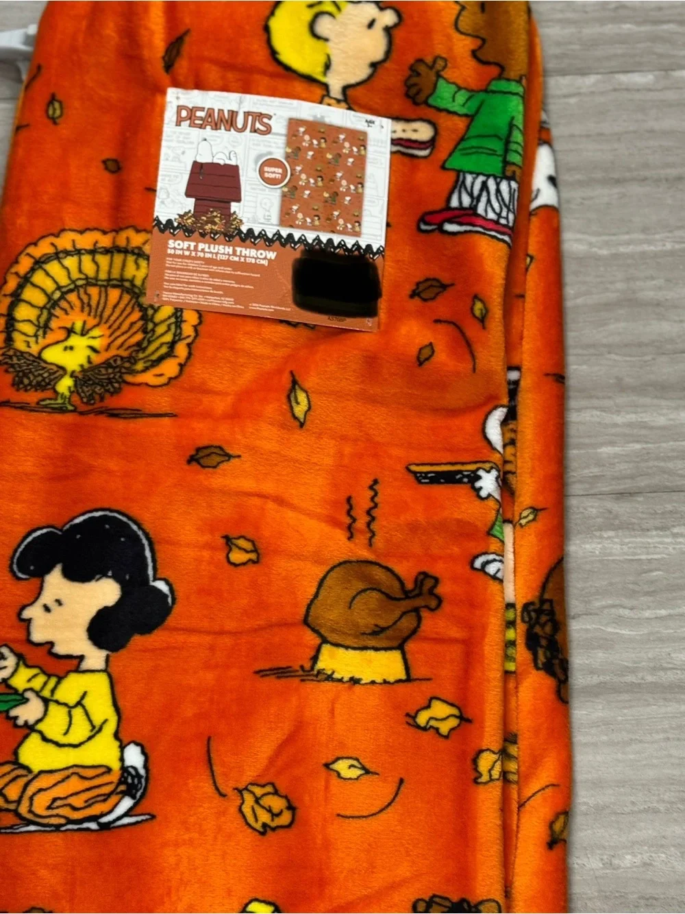 Peanuts Orange Plush Throw Blanket with Thanksgiving Cartoon Print